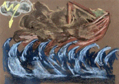 Grafik v. Sterne: vor braunem Hintergrund tosendes Meer, darüber Gewitterwolke mit Blitz. Ein Schiff mit gebrochenem Mast ist dem ausgeliefert.